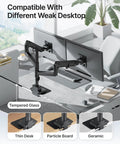 Rock Solid Adjustable Steel Monitor Mount Reinforcement Plate And Desk Stabilizer With Extra Wide Eva Base mounted on thin desk with dual monitors.