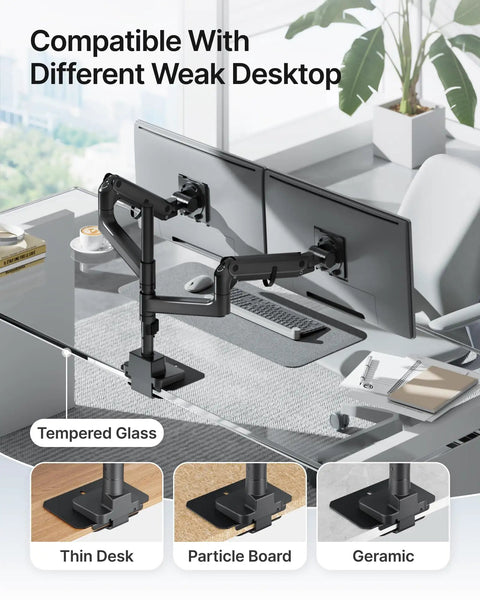 Rock Solid Adjustable Steel Monitor Mount Reinforcement Plate And Desk Stabilizer With Extra Wide Eva Base mounted on thin desk with dual monitors.