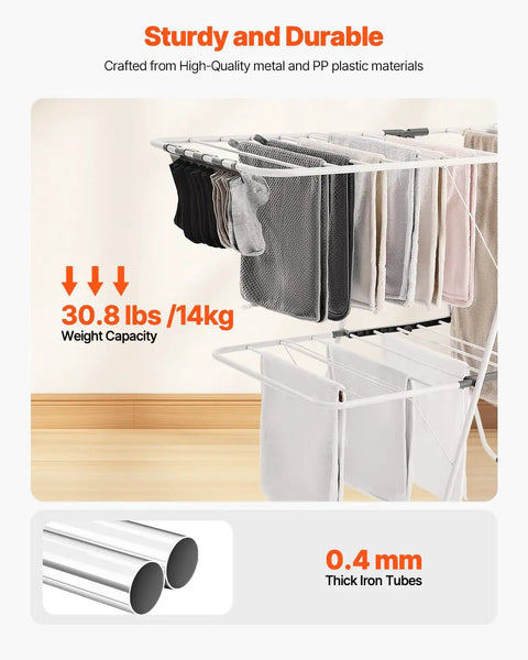 Heavy Duty Two Tier Clothes Drying Rack With 31 Sturdy Rods And Sock Clips Foldable Metal Laundry Stand Adjustable Height For Indoors Or Yard No Sweat Dry Setup showing socks and towels hanging.