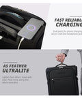 Underseat Carry On Luggage With Wheels 14 Inch Softside Spinner Travel Bag in black showing USB charging feature