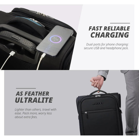 Underseat Carry On Luggage With Wheels 14 Inch Softside Spinner Travel Bag in black showing USB charging feature