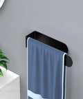 Stainless Steel Self Adhesive Hand Towel Bar For Wall Mount Black Modern Towel Holder That Sticks To Smooth Surfaces No Drills Quick Install Rustproof Bathroom Accessory with blue towel hanging in bathroom