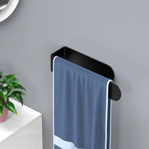 Stainless Steel Self Adhesive Hand Towel Bar For Wall Mount Black Modern Towel Holder That Sticks To Smooth Surfaces No Drills Quick Install Rustproof Bathroom Accessory with blue towel hanging in bathroom