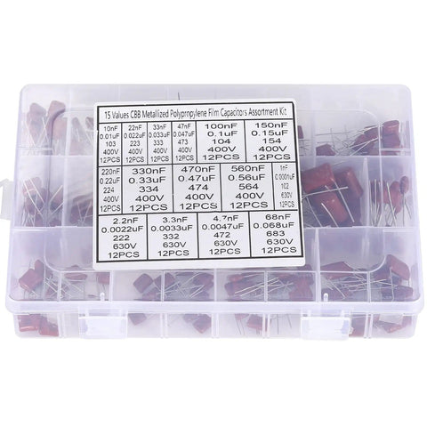 Metallized Film Capacitor Kit 180Pcs With 15 Values CBB22 Polypropylene DC Capacitors in clear assortment box