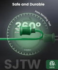 Heavy Duty 25 Foot Outdoor Extension Cord Featuring Three Badass Multiple Outlets And 18 Gauge Weatherproof Construction Sure To Make Your Holiday Lights Setup Pop, green plug showcasing 360° flexibility.