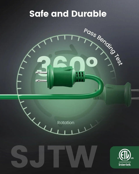 Heavy Duty 25 Foot Outdoor Extension Cord Featuring Three Badass Multiple Outlets And 18 Gauge Weatherproof Construction Sure To Make Your Holiday Lights Setup Pop, green plug showcasing 360° flexibility.