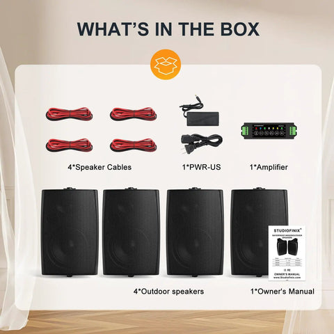Outdoor Bluetooth Speakers 6.5 Inch 800W Waterproof Wired System With Multifunctional Amplifier Wall Mount For Patio Garden Poolside Home Four Speakers Black components include cables, power supply, amplifier, and manual.
