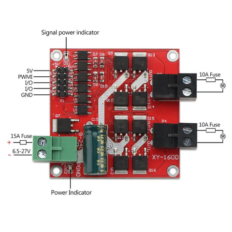 Top view of Beefed Up Dual DC Motor Driver With PWM Speed Control L298 H Bridge 6.5V To 27V Input showing board layout.