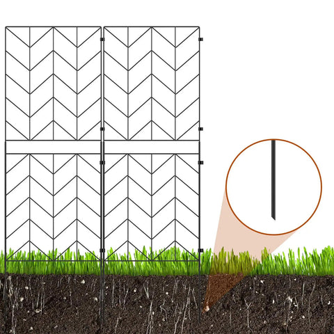 Illustration of Tall Decorative Garden Fence 10 Pack 38 Inch High Metal Border Panels installed in grass, side view.