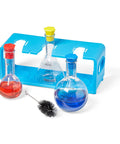 Starter Science Measuring Flasks Set For Kids with three flasks, colorful caps, storage stand, and brush for fun science play