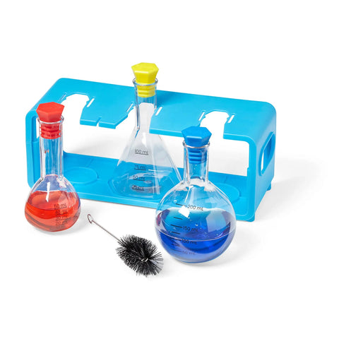 Starter Science Measuring Flasks Set For Kids with three flasks, colorful caps, storage stand, and brush for fun science play