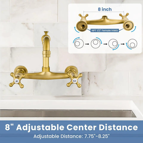 Commercial Wall Mounted Kitchen Faucet 8 Inch Center Mount With Double Cross Handles 360 Degree Rotatable Spout Antique Brass Finish