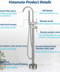 Freestanding Tub Faucet With Hand Shower In Brushed Nickel, Floor Mounted Bathtub Filler Set With Dual Handles, 180 cm Hose