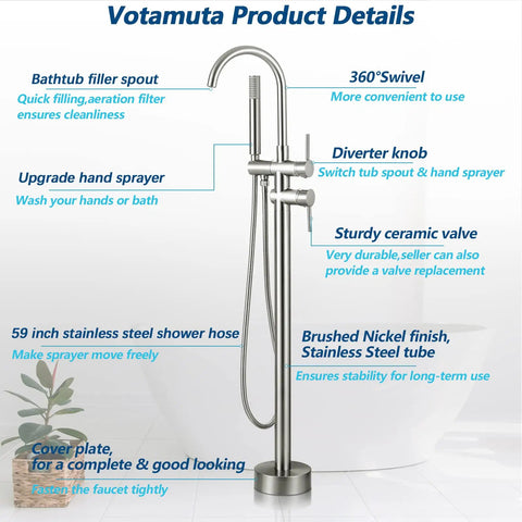 Freestanding Tub Faucet With Hand Shower In Brushed Nickel, Floor Mounted Bathtub Filler Set With Dual Handles, 180 cm Hose