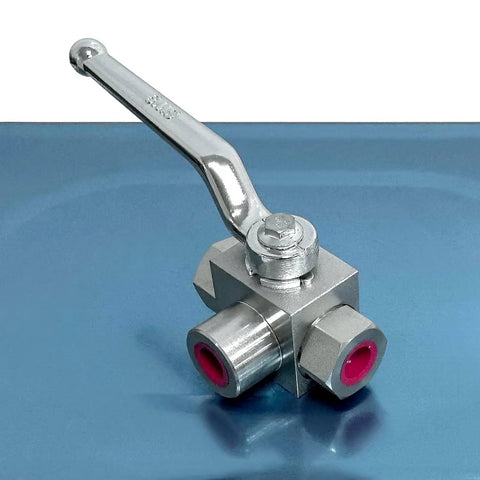 Three Eighth Inch NPT Female High Pressure Hydraulic Ball Valve Three Way 7250 PSI Workhorse for water oil and gas flow control.