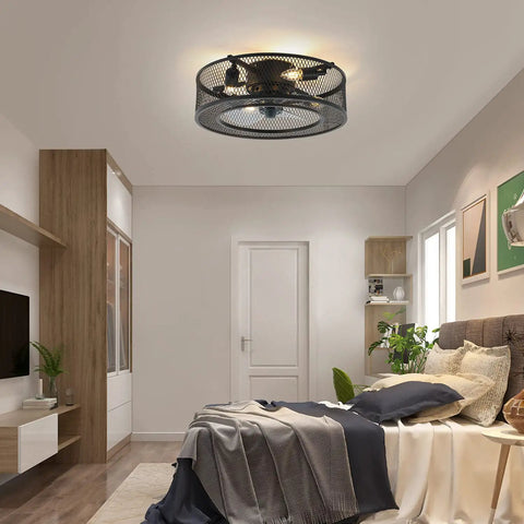 Caged Ceiling Fan With Lights 18 Inch Low Profile Flush Mount With Remote Control Slick Industrial Style in bedroom