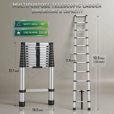 10.5 Ft Telescoping Aluminum Ladder Lightweight Extension For Diy And Home Projects, Rust Resistant Thickened Tubes, Built For Stability, EN131 Compliant, Portable And Easy To Carry, Multi Position, Anti Slip Feet, folded and extended size view