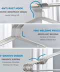 Stainless Steel Wire Coat Hangers Heavy Duty Ultra Thin Space Saving 10 Pack 17.7 Inch Hangers For Closet Organization Waterproof Rustproof Durable For Shirts Blouses Denim And Delicates with features shown including anti-rust hook, fine welding process, and V-groove design.