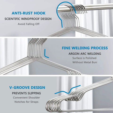 Stainless Steel Wire Coat Hangers Heavy Duty Ultra Thin Space Saving 10 Pack 17.7 Inch Hangers For Closet Organization Waterproof Rustproof Durable For Shirts Blouses Denim And Delicates with features shown including anti-rust hook, fine welding process, and V-groove design.