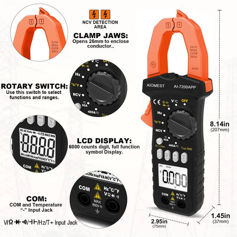 Bluetooth Digital Multimeter With Clamp On Meter 7200APP TRMS 6000 Counts featuring rotary switch and LCD display