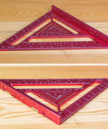 7.5-Inch Magnetic Rafter Square with Jig Block Multi-Angle Measuring Tool for 90-Degree and 180-Degree Angles, red color, on wood.