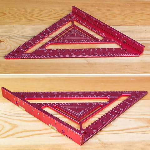 7.5-Inch Magnetic Rafter Square with Jig Block Multi-Angle Measuring Tool for 90-Degree and 180-Degree Angles, red color, on wood.