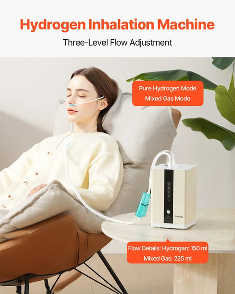 Person using Hydrogen Inhalation Device with 99.99 percent purity and separation technology 225 mL per minute dual port inhaler