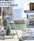 4 Step Aluminum Folding Ladder With Retractable Handgrip Lightweight Yet Sturdy For Reaching High Shelves 330 Pound Capacity Ideal For Home DIY Projects Garage Kitchen And Workshop, open with person using it outdoors