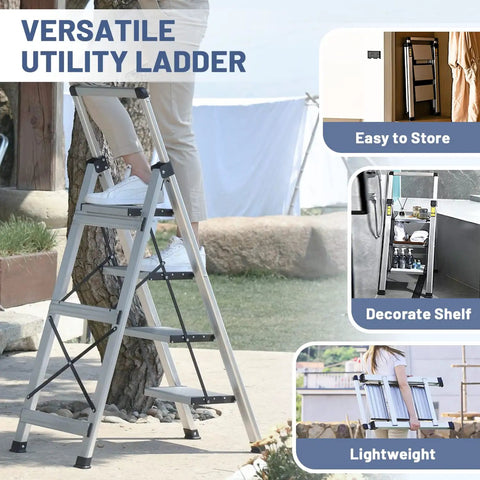 4 Step Aluminum Folding Ladder With Retractable Handgrip Lightweight Yet Sturdy For Reaching High Shelves 330 Pound Capacity Ideal For Home DIY Projects Garage Kitchen And Workshop, open with person using it outdoors