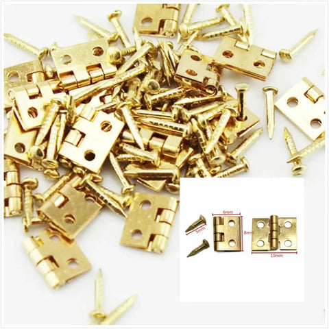Dope 10 Piece Brass Plated Mini Cabinet Door Hinges Set with screws for small decorative wooden boxes shown in pile