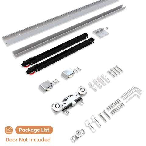 Concealed Barn Door Hardware Kit With Soft Close Mechanism And Hidden Track, Wall Mounted Invisible Sliding Door System For Opening Width 30 To 34 Inches, Requires Groove, Ultra Quiet Glide, Durable Aluminum Rails, Clean Modern Finish components displayed.