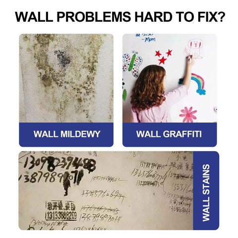 Images showing wall problems: mildew, graffiti, and stains on different walls with question 'Wall Problems Hard to Fix?'