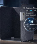 Close-up of Quiet 195W Under Desk Foot Warmer with Heating Pad, showing 2-8 hour timer and fanless design for office or home use.