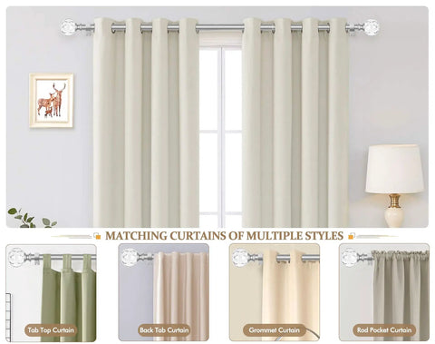 1 Inch Curtain Rod Set For Windows 32 To 58 Inches Telescoping Silver Rods With Sparkly Acrylic Crystal Finials displayed with curtains