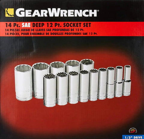 14 Piece Half Inch Drive 12 Point Deep Socket Set SAE with Surface Drive Technology in packaging