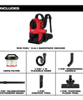 Image showing components and design of M18 FUEL 3-In-1 Backpack Vacuum for jobsite cleanups. Includes various attachments and HEPA filter.