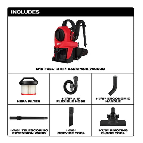 Image showing components and design of M18 FUEL 3-In-1 Backpack Vacuum for jobsite cleanups. Includes various attachments and HEPA filter.
