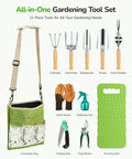 All In One 11 Piece Garden Tool Set With Heavy Duty Tools And Ergonomic Canvas Crossbody Bag Rust Proof Premium Kit For Women And Men Includes Weeder Hand Fork Hand Rake Transplanter Trowel Pruner Spray Bottle Gloves Folding Saw Kneeling Pad shown with each tool visible in set.