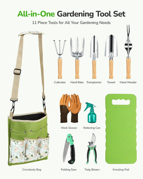 All In One 11 Piece Garden Tool Set With Heavy Duty Tools And Ergonomic Canvas Crossbody Bag Rust Proof Premium Kit For Women And Men Includes Weeder Hand Fork Hand Rake Transplanter Trowel Pruner Spray Bottle Gloves Folding Saw Kneeling Pad shown with each tool visible in set.