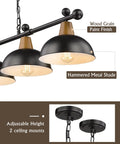 Close-up of Four Light Pool Table Light with hammered metal shades and wood grain finish