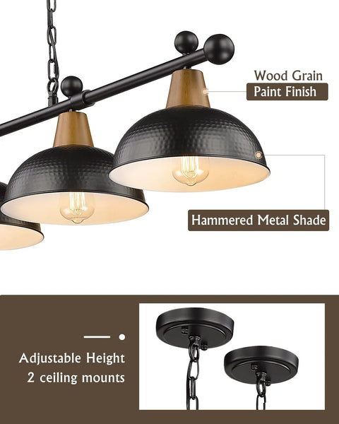 Close-up of Four Light Pool Table Light with hammered metal shades and wood grain finish