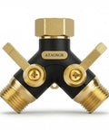 Heavy Duty Garden Hose Splitter 2 Way With Metal Body And Aluminum Build TPR Coated For Tough Outdoor Use UV Resistant Water Splitter No Fuss Easy Install Built To Last For Lawn And Garden Tasks, 3/4 in GHT, black and gold