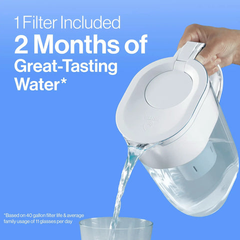 Big 10 Cup Water Filter Pitcher For Tap Water with easy-fill being poured, includes standard filter, BPA-free, bright white.