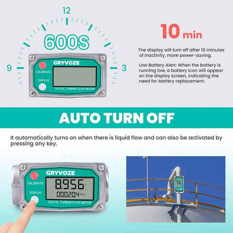 One Inch Inline Water And Fuel Flow Meter With Swivel 360 Connector For 2.6 To 26 GPM NPT Thread Aluminum Alloy Body High Precision Plus Or Minus One Percent For Diesel Gas Oil Gasoline Kerosene Methanol E15 displaying digital screen and auto turn-off feature.