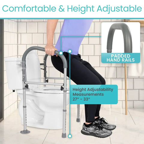 Heavy Duty Folding Toilet Safety Rail Rust Proof Bathroom Assist Bar For Seniors And Weak Knees Fsa Hsa Approved, height adjustable, padded hand grips near toilet.