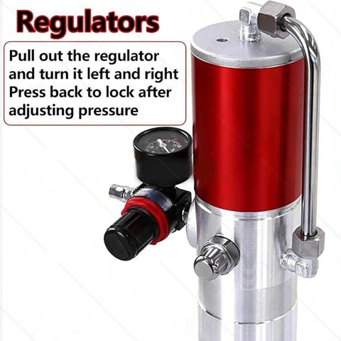 Industrial Grade Pneumatic Grease Pump For 55 Gallon Drums Air Powered With 16 Foot Hose, detailed regulator image with gauge.