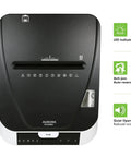 Top view of Pro Grade Auto Feed Micro Cut Paper Shredder With 200 Sheet Capacity 60 Minute Run Time High Security P5 120 Volt Jam Resistant Quiet Performance For Home Office Or Small Business with features highlighted on right.