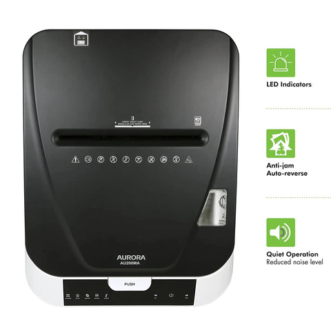 Top view of Pro Grade Auto Feed Micro Cut Paper Shredder With 200 Sheet Capacity 60 Minute Run Time High Security P5 120 Volt Jam Resistant Quiet Performance For Home Office Or Small Business with features highlighted on right.