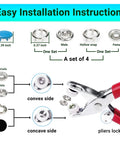 Pro Grade 9.5mm Metal Snaps For Fabric 800 Pieces In 10 Colors With Easy Grip Pliers Fastener Kit For DIY Fashion And Clothing Projects Rust Proof Snaps For Thin Fabrics installation instructions and pliers diagram