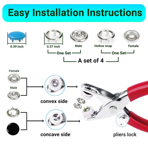 Pro Grade 9.5mm Metal Snaps For Fabric 800 Pieces In 10 Colors With Easy Grip Pliers Fastener Kit For DIY Fashion And Clothing Projects Rust Proof Snaps For Thin Fabrics installation instructions and pliers diagram
